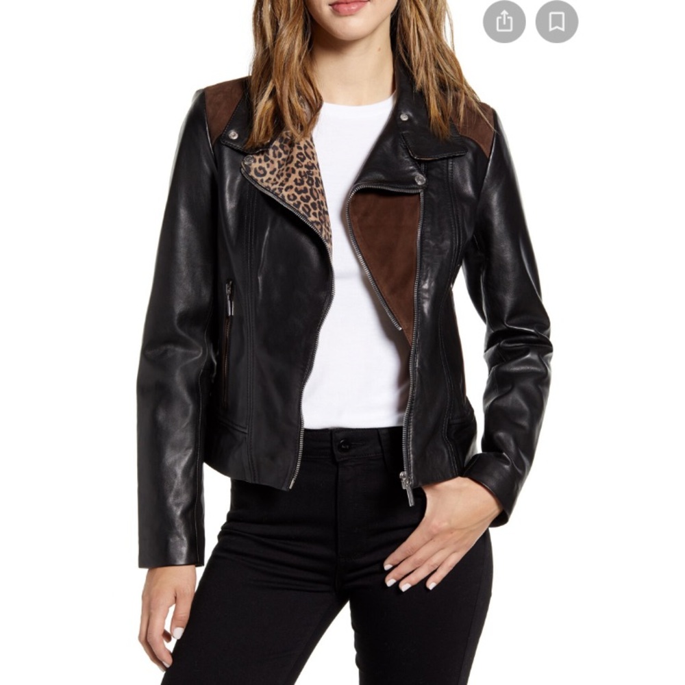 NEW Bernardo Suede Leopard Detail Leather Moto Zip Mixed Media Jacket Womens M